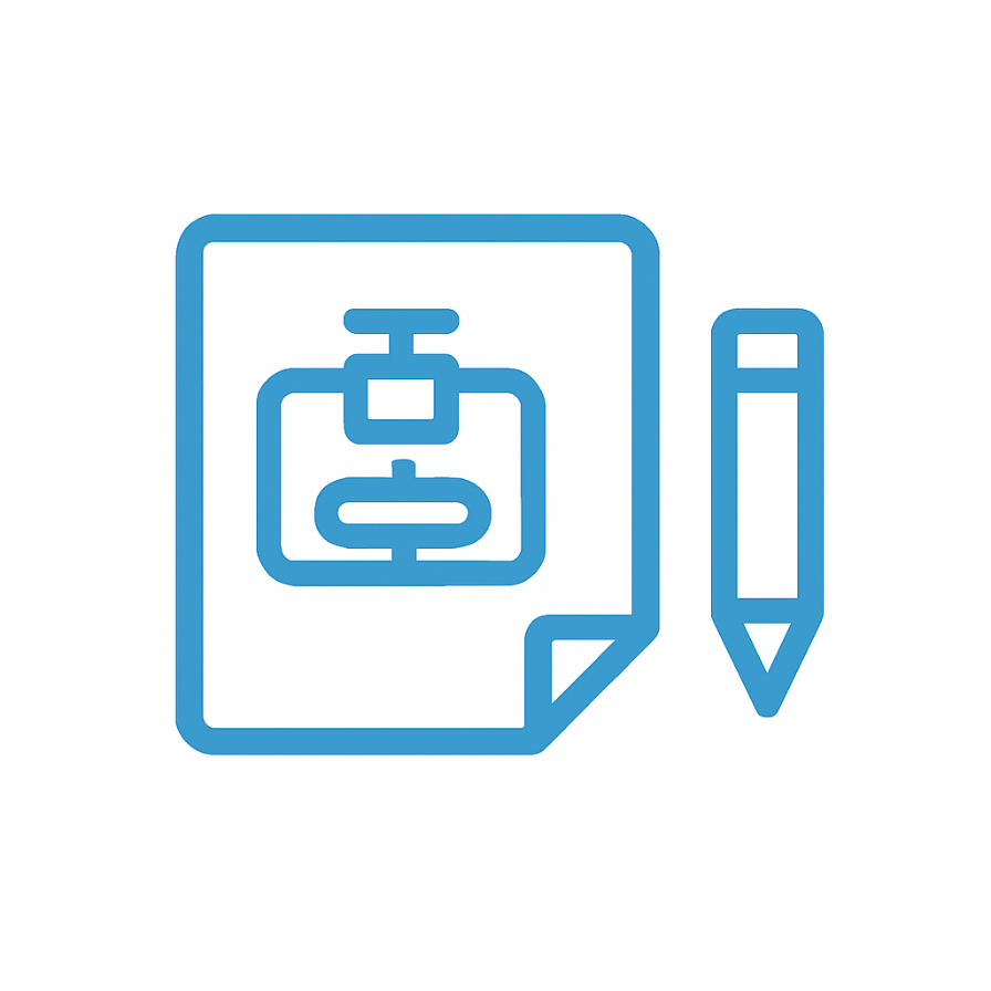 Blueprint with septic tank diagram and pencil icon for septic system design in Victoria-TX.
