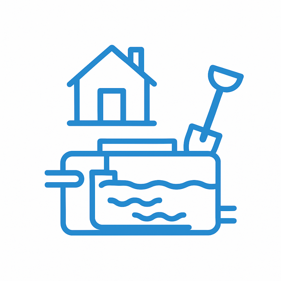 Septic tank with house and shovel icon symbolizing septic system installation in Victoria-TX.
