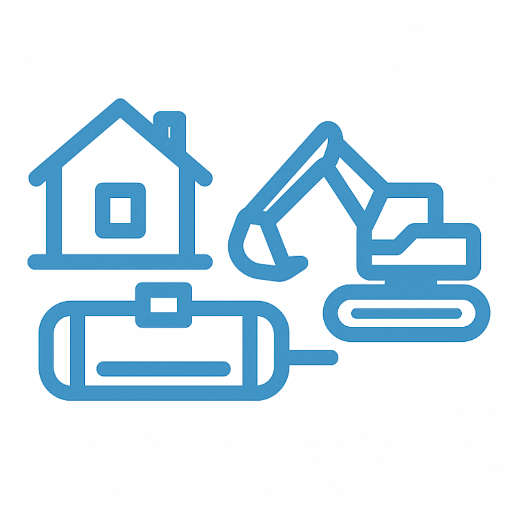 Septic tank with house and shovel icon symbolizing septic system installation in Victoria-TX.