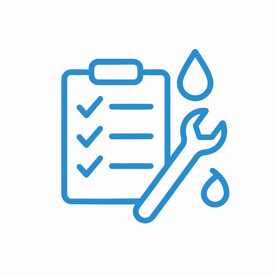 Maintenance checklist, wrench, and water droplet icon illustrating septic system service in Victoria-TX.